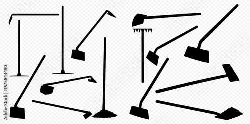 Collection of various gardening hand tools, including hoes and rakes, depicted as black silhouettes.