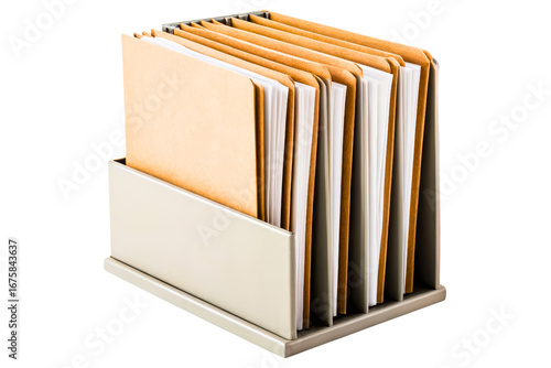 Metal desktop file sorter with multiple manila document folders isolated with transparent background