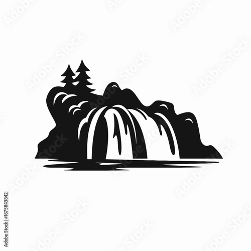 Majestic waterfall cascading down a rocky landscape in monochromatic silhouette