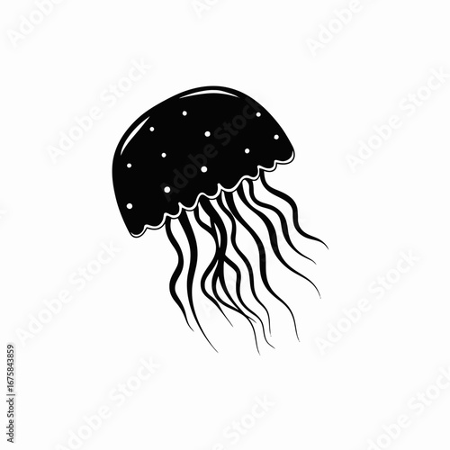 Floating sea jellyfish with tentacles in elegant black and white silhouette