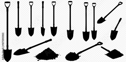 Collection of shovel silhouettes, various angles and sizes, with piles of soil.