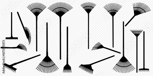 Collection of various black garden rakes and brooms, displayed against a white background.
