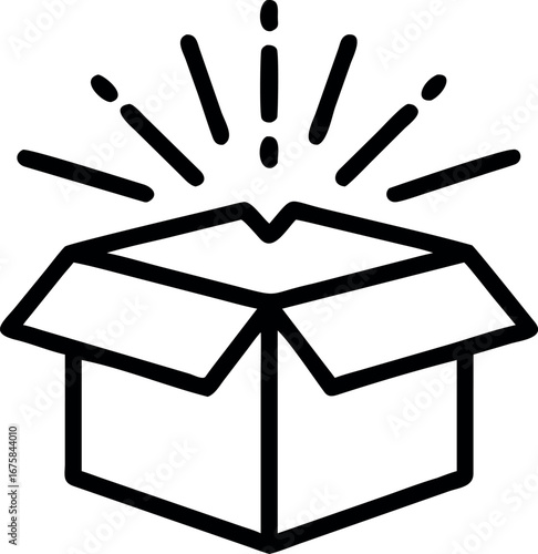 Vector art of open cardboard box with radiating lines indicating a new product or surprise