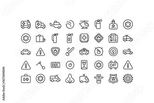 Collection of hand-drawn sketchy transportation and safety icons for creative projects white background