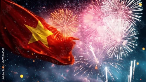 Vibrant display of the Vietnamese flag amidst spectacular fireworks against a dark night sky.