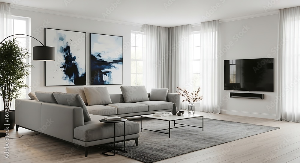 Fototapeta premium Modern living room with grey sofa