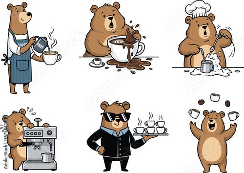 Six playful bear characters, pouring coffee, spilling coffee, making espresso, wearing chef hats, serving cups, humorous coffee-themed designs, cartoon bear vector illustrations.