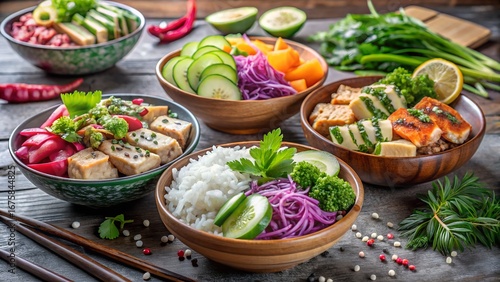 Photo of assortment of colorful poke bowls with tofu, rice, cucumber, and vegetables, served in wooden bowls with chopsticks, asian cuisine