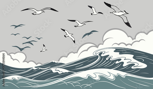 Flock of seagulls flying over choppy ocean waves birds
