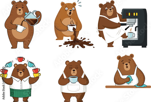 Illustration of six cute bear characters, pouring coffee, making coffee, serving cups, cleaning, spilling coffee, cartoon animals, coffee shop, humorous bear designs, vector art.