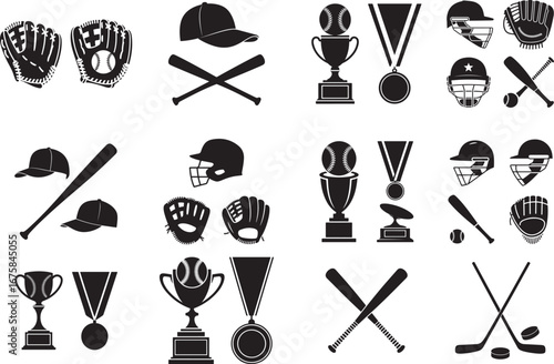 Baseball Icons: Glove Bat Ball Trophy Player Scoreboard Stadium Pennant Cap.