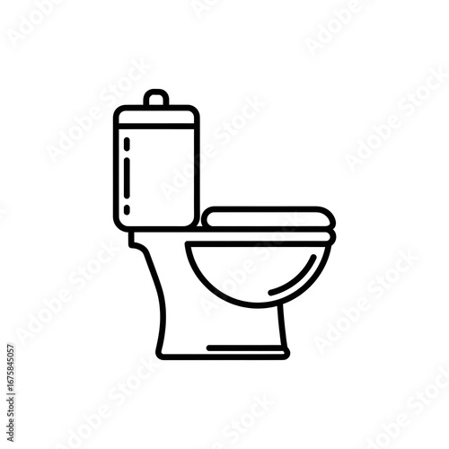 Simple black and white line art icon of a toilet with a tank and bowl, representing bathroom sanitation.