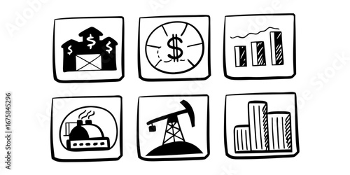 Illustration of various financial and industrial icons including buildings, graphs, and oil derrick