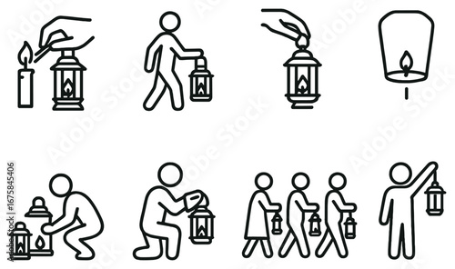 Lantern festival linear icon set. featuring candle lighting, lantern holding, sky lantern, and walking with lantern