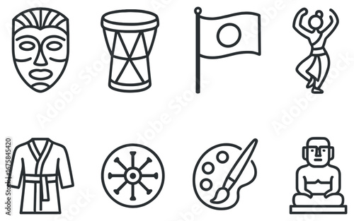 Cultural artifacts linear icon set. featuring mask, drum, flag, dancer, robe, wheel, palette, buddha