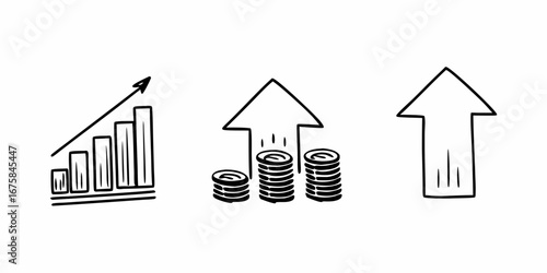 Hand drawn illustration of a bar graph with an arrow and stacks of coins indicating growth and progress