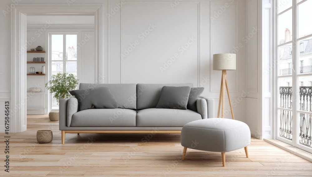 Fototapeta premium Light-filled, modern living room with a gray couch and ottoman