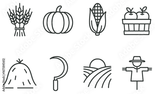 Harvest linear icon set. featuring wheat, pumpkin, corn, apples, hay, sickle, field, scarecrow symbols