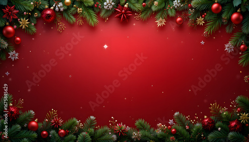 Christmas background with pine branches, golden ornaments, and red festive decoration.