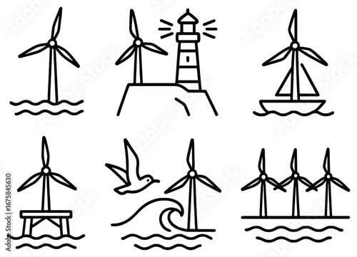 Renewable energy linear icon set. featuring wind turbine, lighthouse, boat, bird, sea, and wave symbols