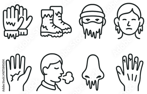 Winter health linear icon set. featuring gloves, boots, cold face, runny nose, chapped lips, and cough