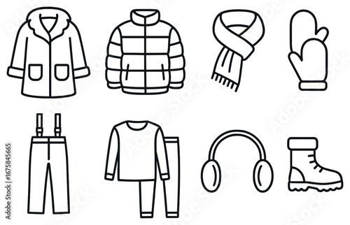 Winter clothing flat icon set. featuring coat, jacket, scarf, mittens, pants, sweater, earmuffs, boots