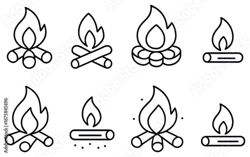 Camping bonfire linear icon set. featuring campfire, logs, flames, firewood, and outdoor symbols
