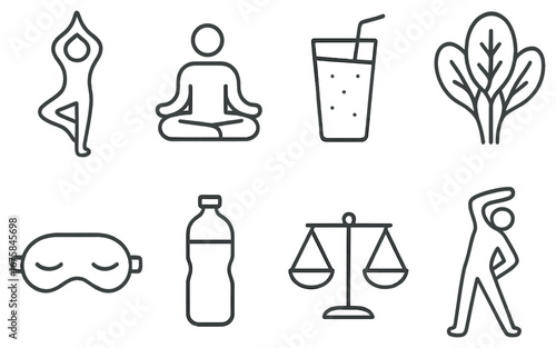 Wellness and relaxation linear icon set. featuring yoga, meditation, smoothie, spinach, sleep, water, balance, stretch