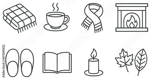 Cozy autumn linear icon set. featuring blanket, coffee, scarf, fireplace, slippers, book, candle, leaves