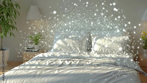 A clean bedroom with a neatly made bed, white pillows, and a light-colored duvet. Dust particles are visible in the air, highlighting household germs and hygiene concerns.