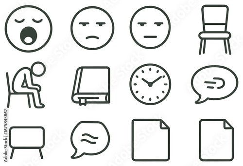Mood and object linear icon set. featuring yawn, frown, neutral, chair, tired, book, clock, chat symbols