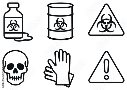 Hazard warning flat icon set. featuring biohazard, chemical, skull, gloves, and caution symbols