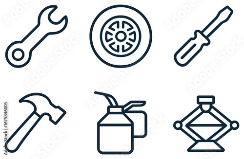 Automotive tools linear icon set. featuring wrench, tire, screwdriver, hammer, oil can, car jack