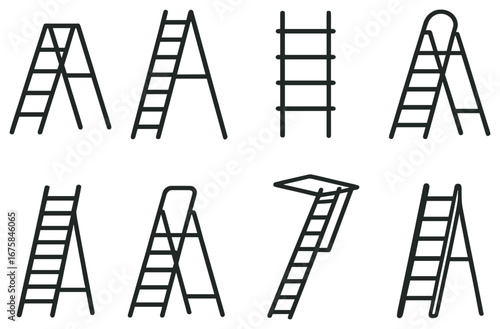 Ladder linear icon set. featuring step, extension, folding, platform, and telescopic ladders