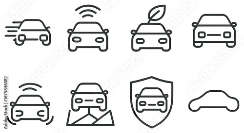 Transportation and vehicle linear icon set. featuring electric, autonomous, eco, shield, and road icons