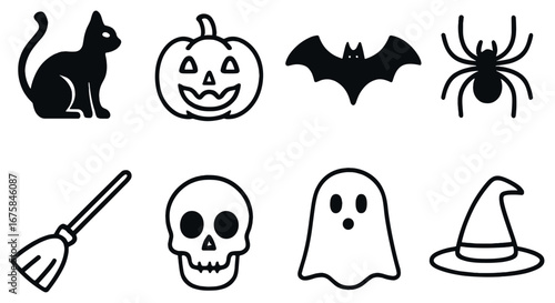 Halloween linear icon set. featuring cat, pumpkin, bat, spider, broom, skull, ghost, and witch hat icons