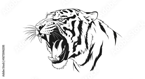 Fierce roaring tiger head illustration in black and white.