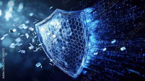 Blue transparent shield resisting data attacks, demonstrating network security protection power, suitable for data protection and network security design scenarios