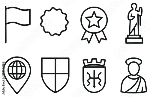 Medieval flat icon set. featuring flag, seal, award, statue, map, shield, crest, historical figure