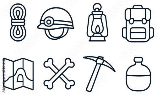 Camping and hiking linear icon set. featuring rope, helmet, lantern, backpack, map, bones, pickaxe, and canteen