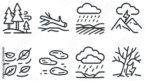 Weather and nature linear icon set. featuring forest, log, rain, mountains, leaves, clouds, tree, storm symbols