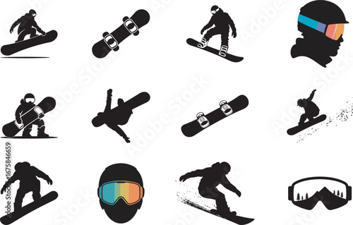 Snowboarder silhouettes action poses winter sports
