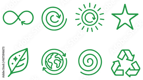 Sustainability linear icon set. featuring infinity, spiral, sun, star, leaf, globe, and recycling symbols