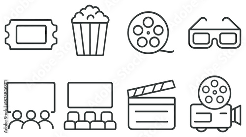 Cinema and movie linear icon set. featuring ticket, popcorn, film reel, 3d glasses, audience, screen, clapperboard, projector