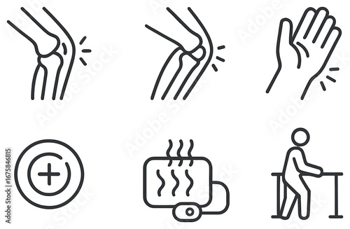 Body health linear icon set. featuring knee pain, elbow pain, hand, plus, heat pad, physiotherapy symbols