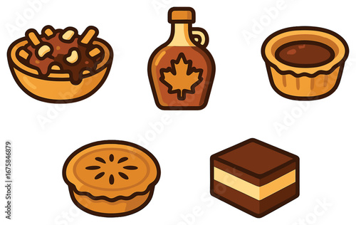 Canadian food flat icon set. featuring poutine, maple syrup, butter tart, tourtière, nanaimo bar