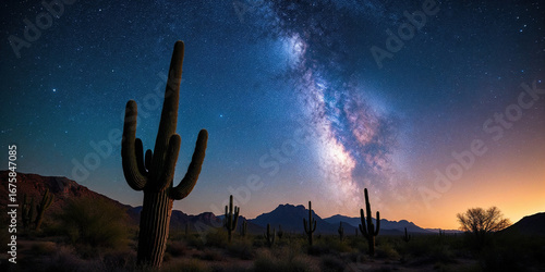 Dramatic Landscape with Milky Way Galaxy over Desert Cactus at Night
