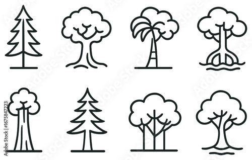 Trees linear icon set. featuring pine, oak, palm, mangrove, redwood, spruce, deciduous, and willow symbols