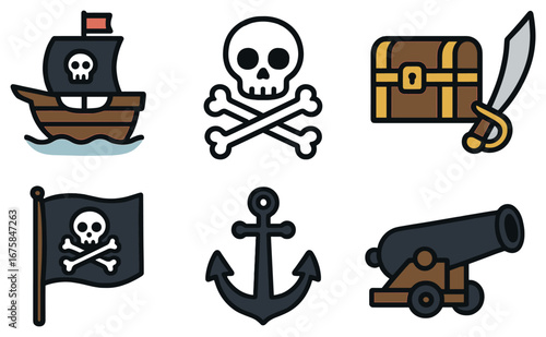 Pirate adventure flat icon set. featuring ship, skull, chest, sword, flag, anchor, cannon symbols