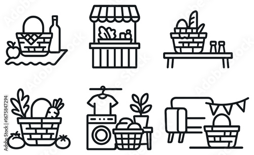 Market linear icon set. featuring picnic, market stall, grocery, laundry, and flags symbols